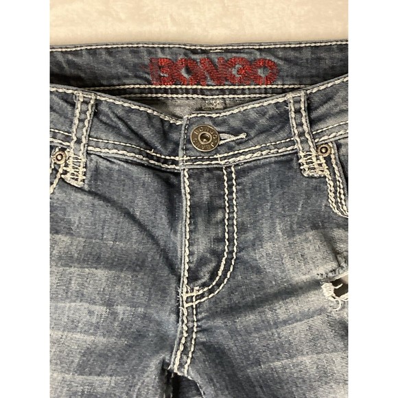 Bongo Womens Y2K Denim Distressed Jeans Low Rise Rolled Hem Embroidered Size 7 - Picture 2 of 16